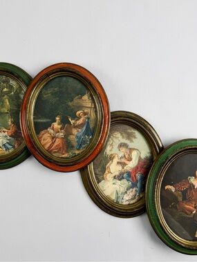 Vintage Italian Oval Framed Art Prints Set of 4 Rococo Courting Scenes 8.5x6.5